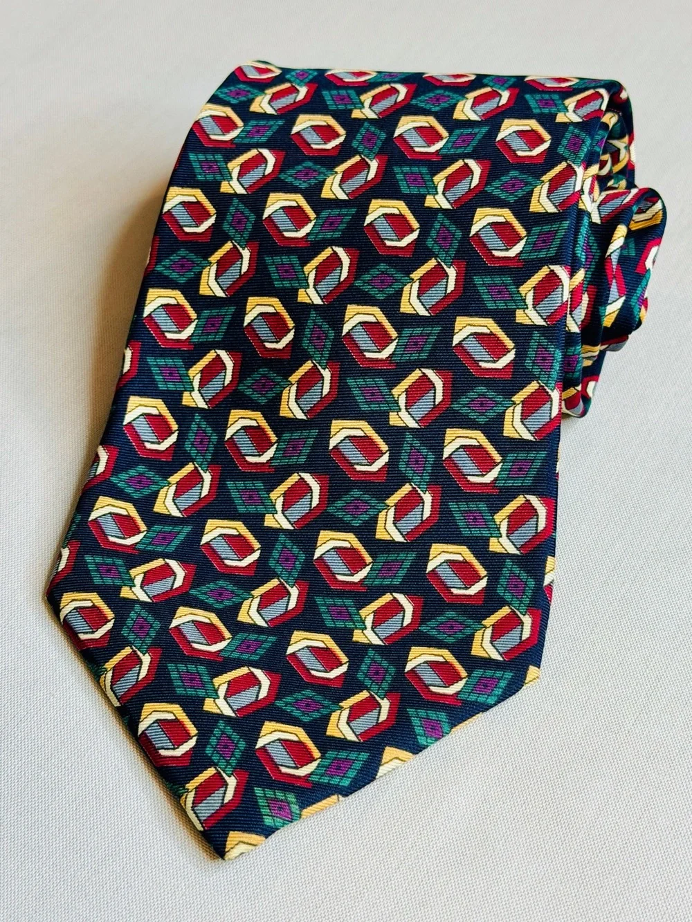 Dior Multi-Color Geometric Silk Tie on Navy